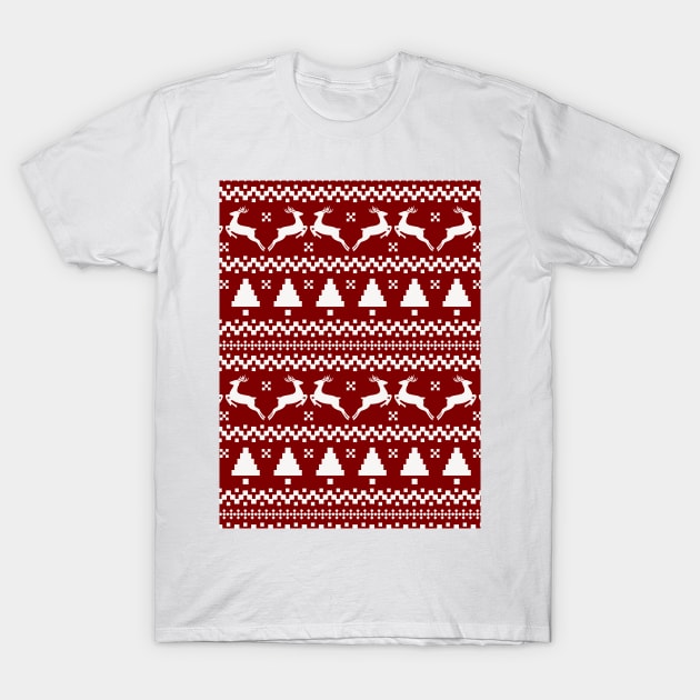 Large Dark Christmas Candy Apple Red Nordic Reindeer Stripe in White T-Shirt by podartist